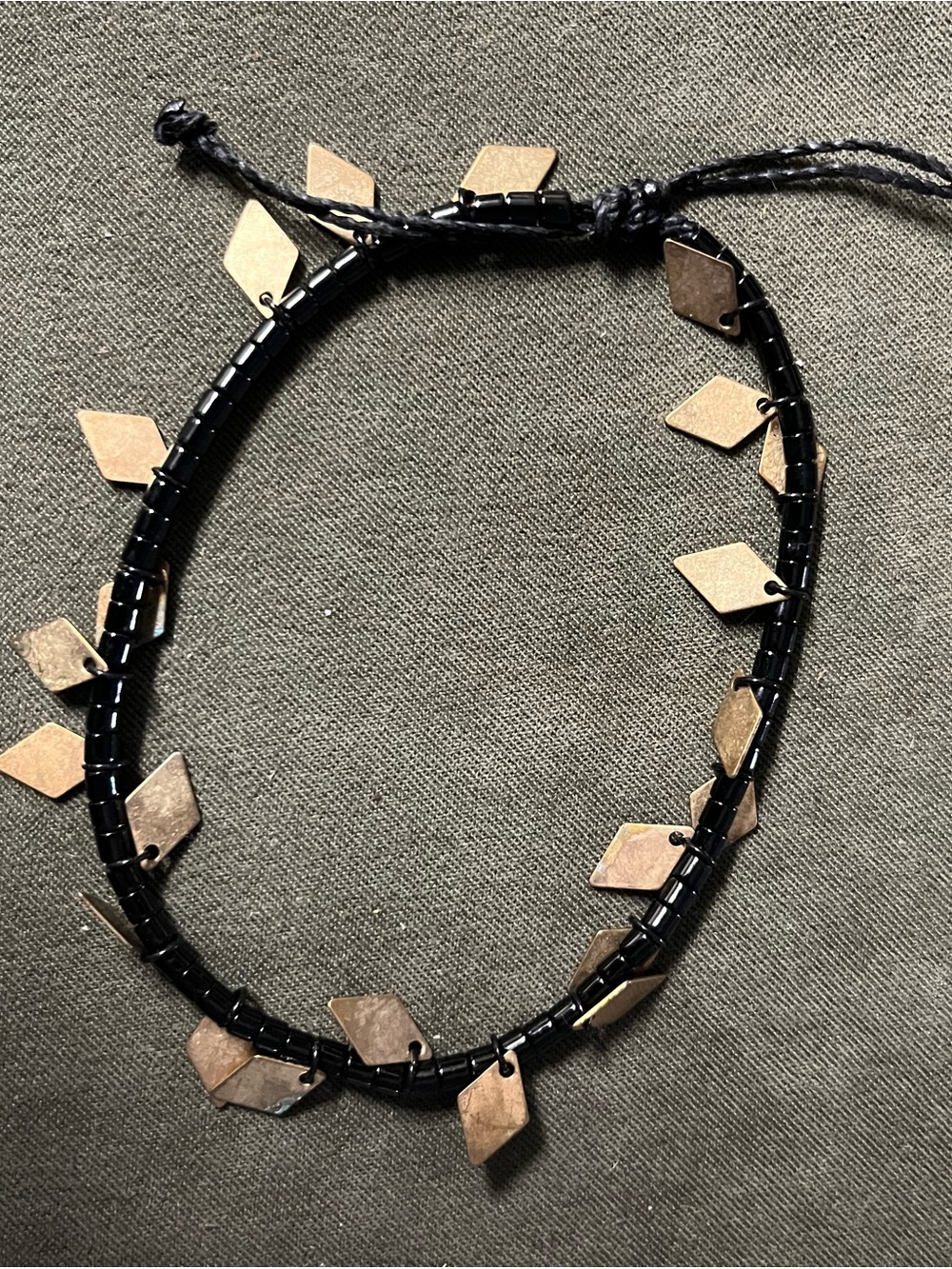 Black Beaded Anklet with brass Diamond shape Charms adjustable